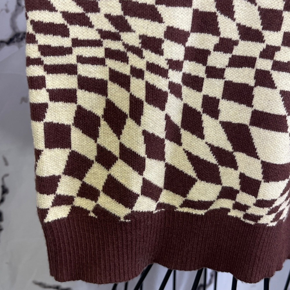 Motel Rocks Gaira Knit Vest Sweater Brown Cream Square Flag Crewneck Sleeveless - Picture 3 of 9